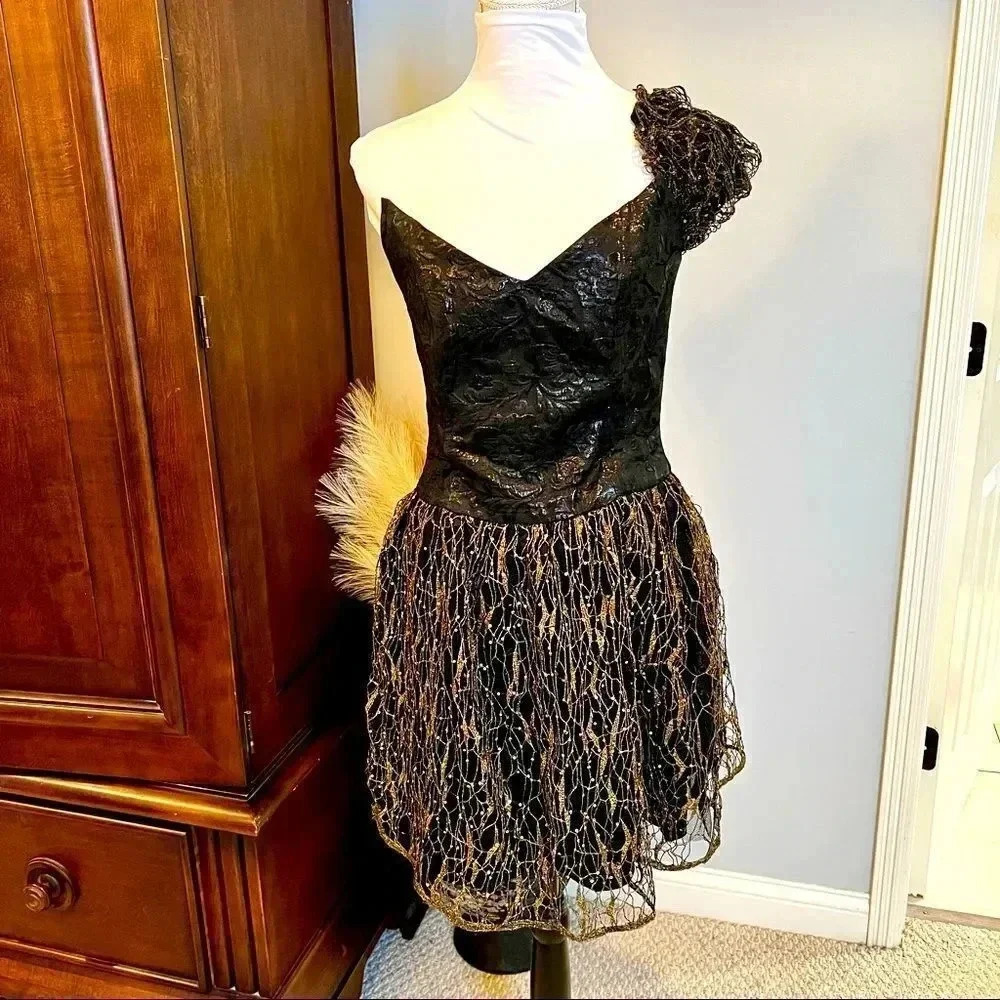 Liquorish vintage mod black/gold ruffle one shoulder fit & flair lace XXS-XS-S